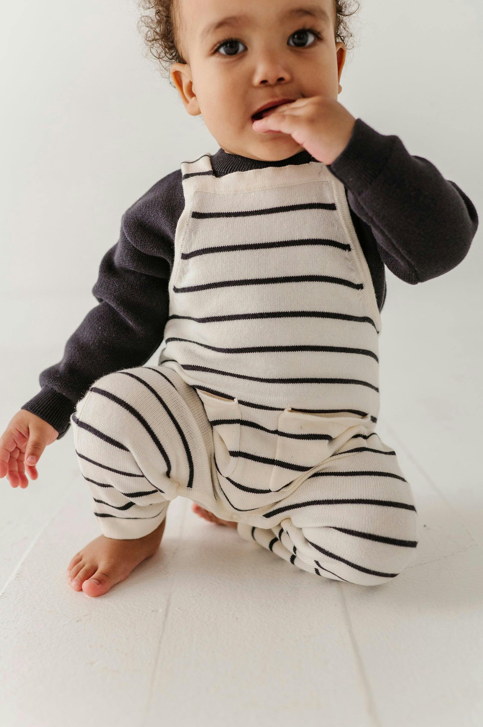 Baby Boy Knit Pocket Overalls in Charcoal Stripe