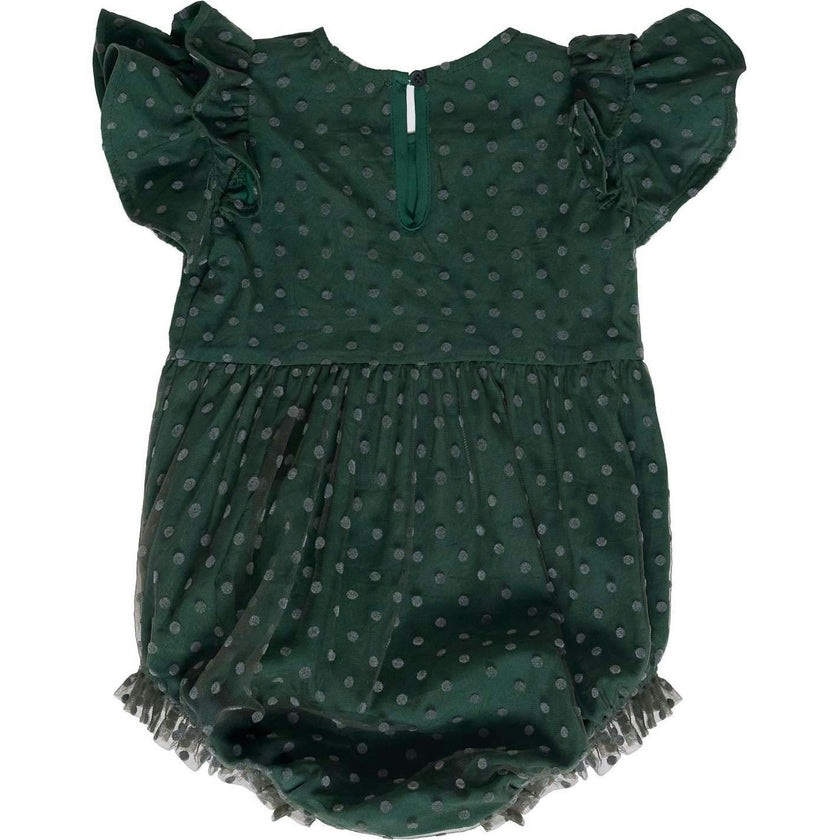 Baby Hattie Romper in Green Flocked Dot Tulle