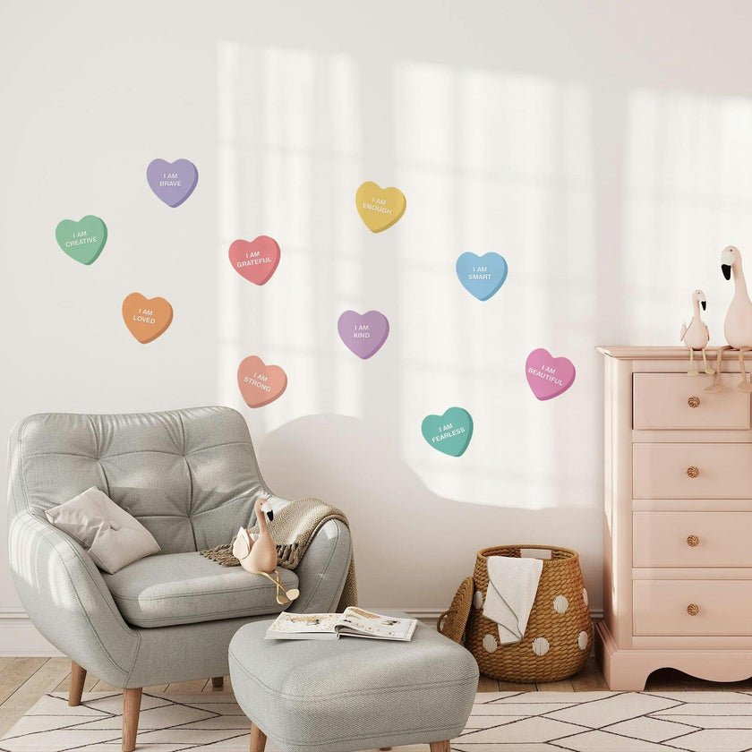 Peel & Stick Fabric Wall Stickers - Affirmation Candy Hearts Brights