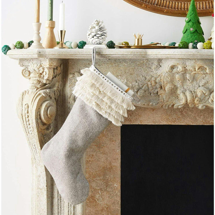 Handmade Wool Christmas Stocking - Fringe Gray