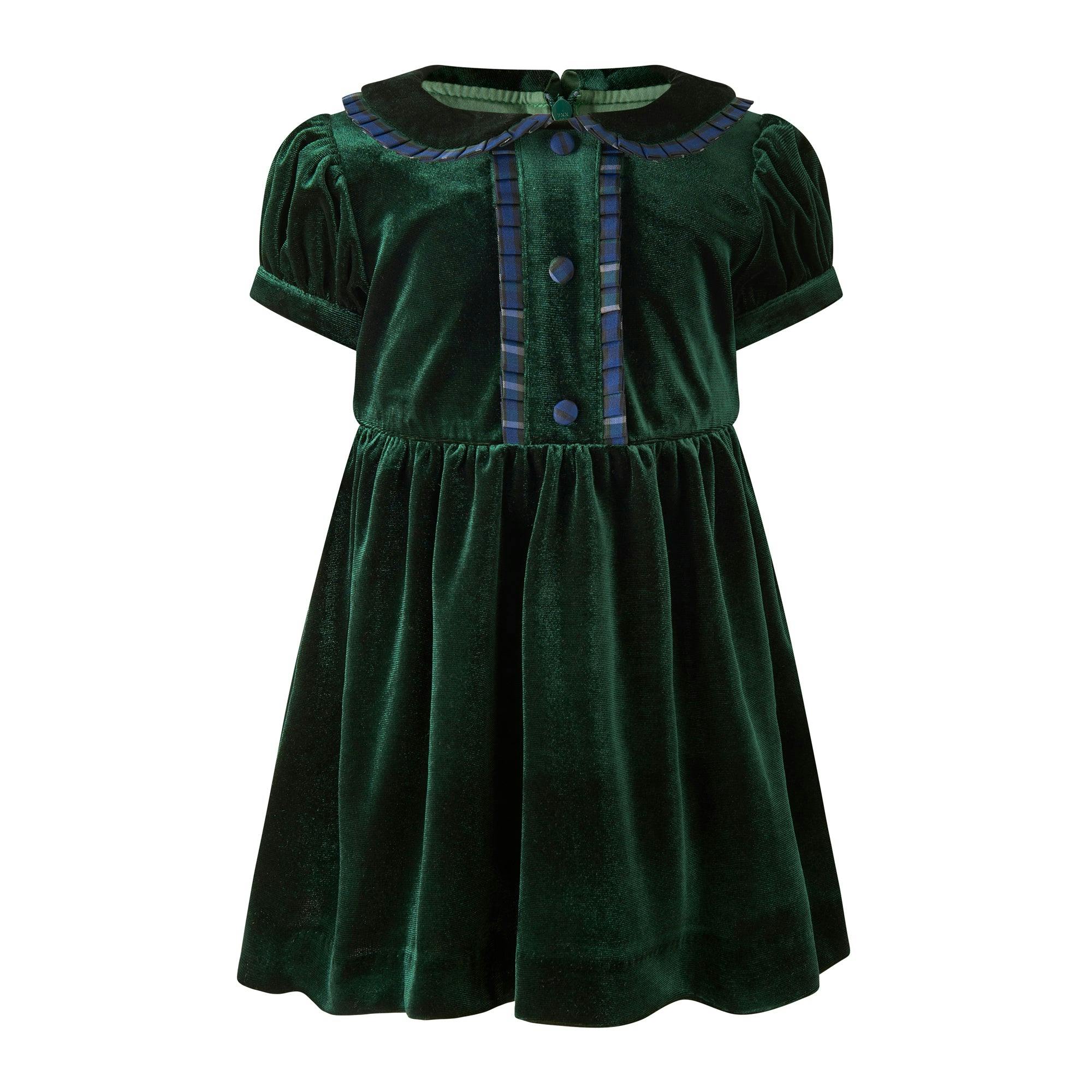 Baby Green Velvet Tartan Trim Dress