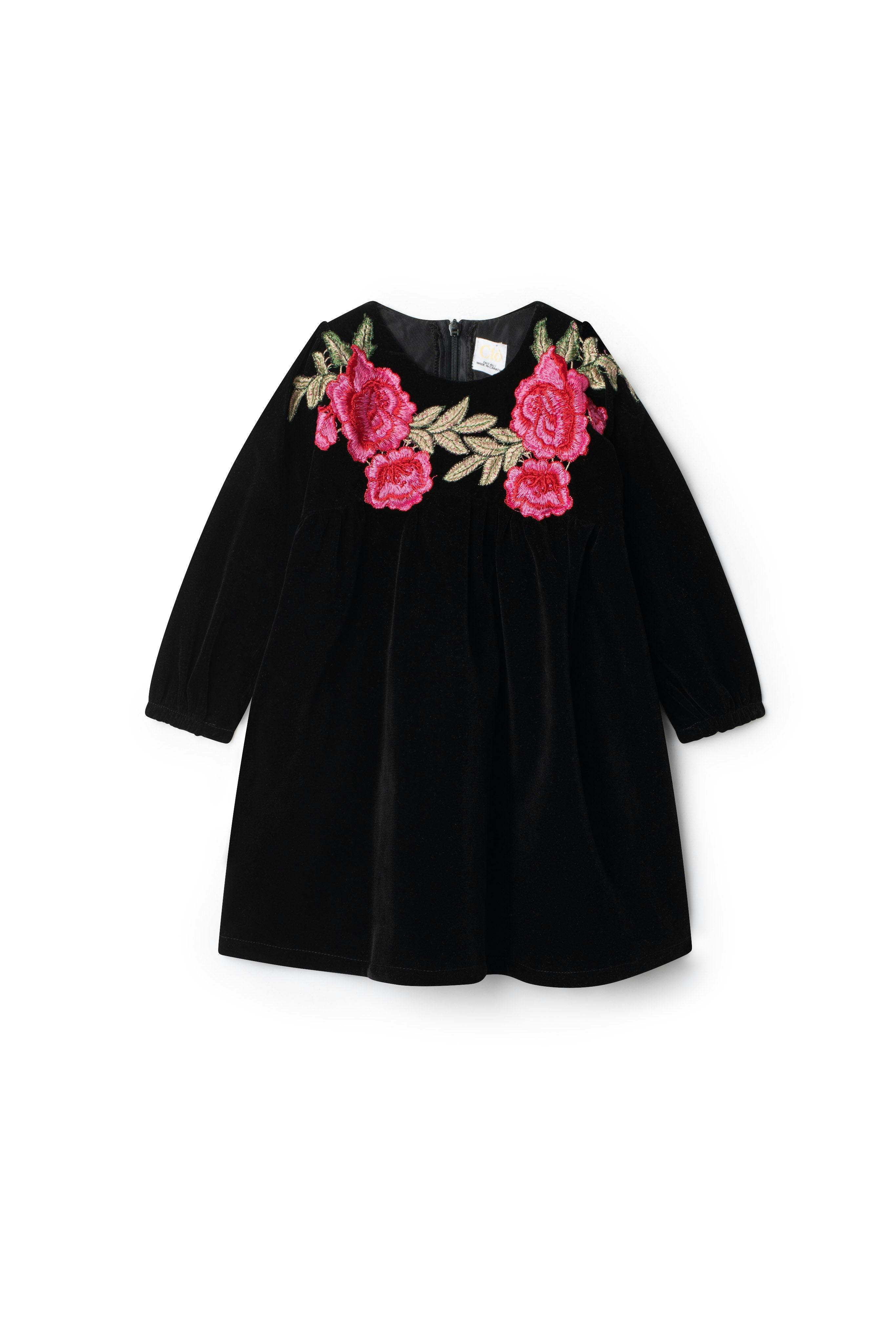 Velour Floral Print Dress Black