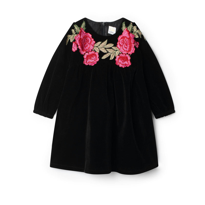 Velour Floral Print Dress Black