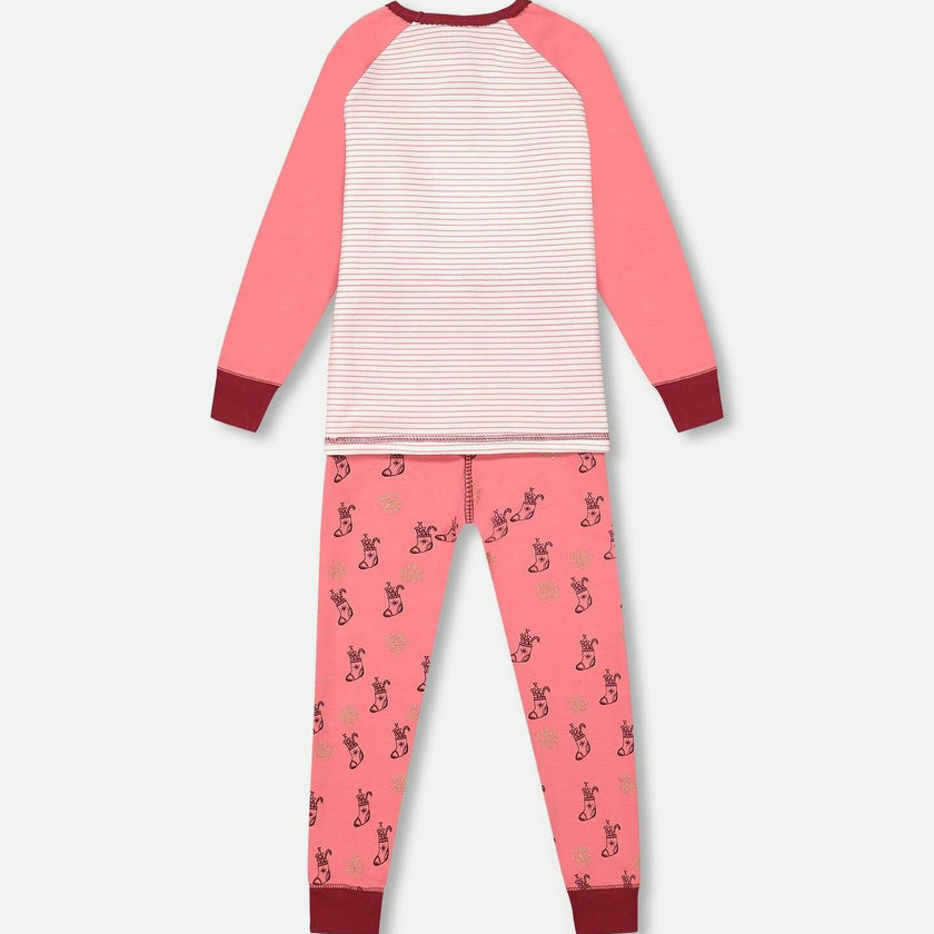 Organic Cotton Long Sleeve Two Piece Printed Christmas Stocking Pajama Set Pink