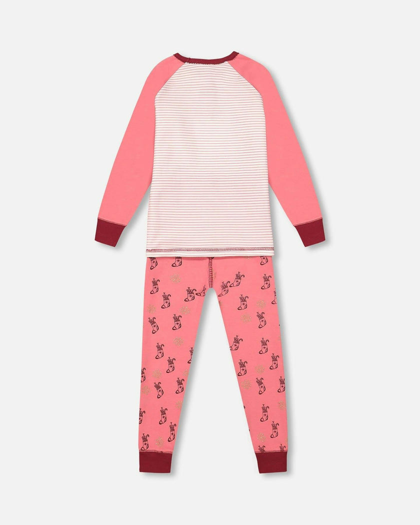 Organic Cotton Long Sleeve Two Piece Printed Christmas Stocking Pajama Set Pink