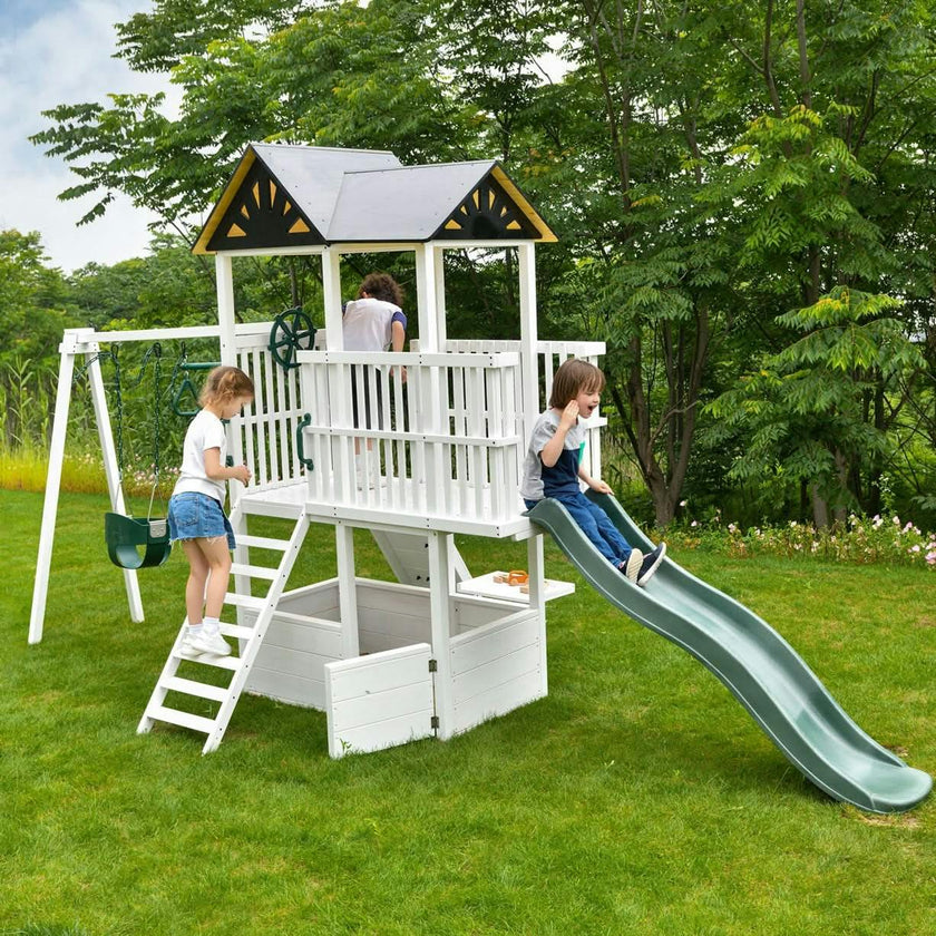 Craftsman | Modern Wooden Swing Set with Slide, Climber & Sandbox