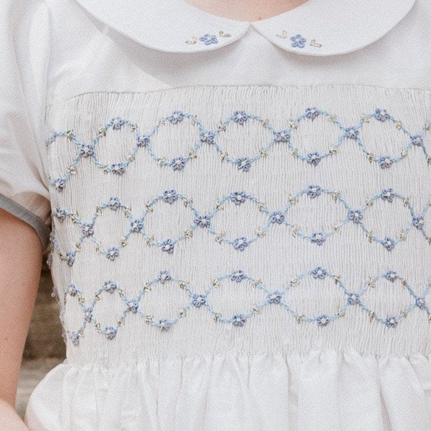 Bagatelle White/Blue Silk Handmade Smocked Dress