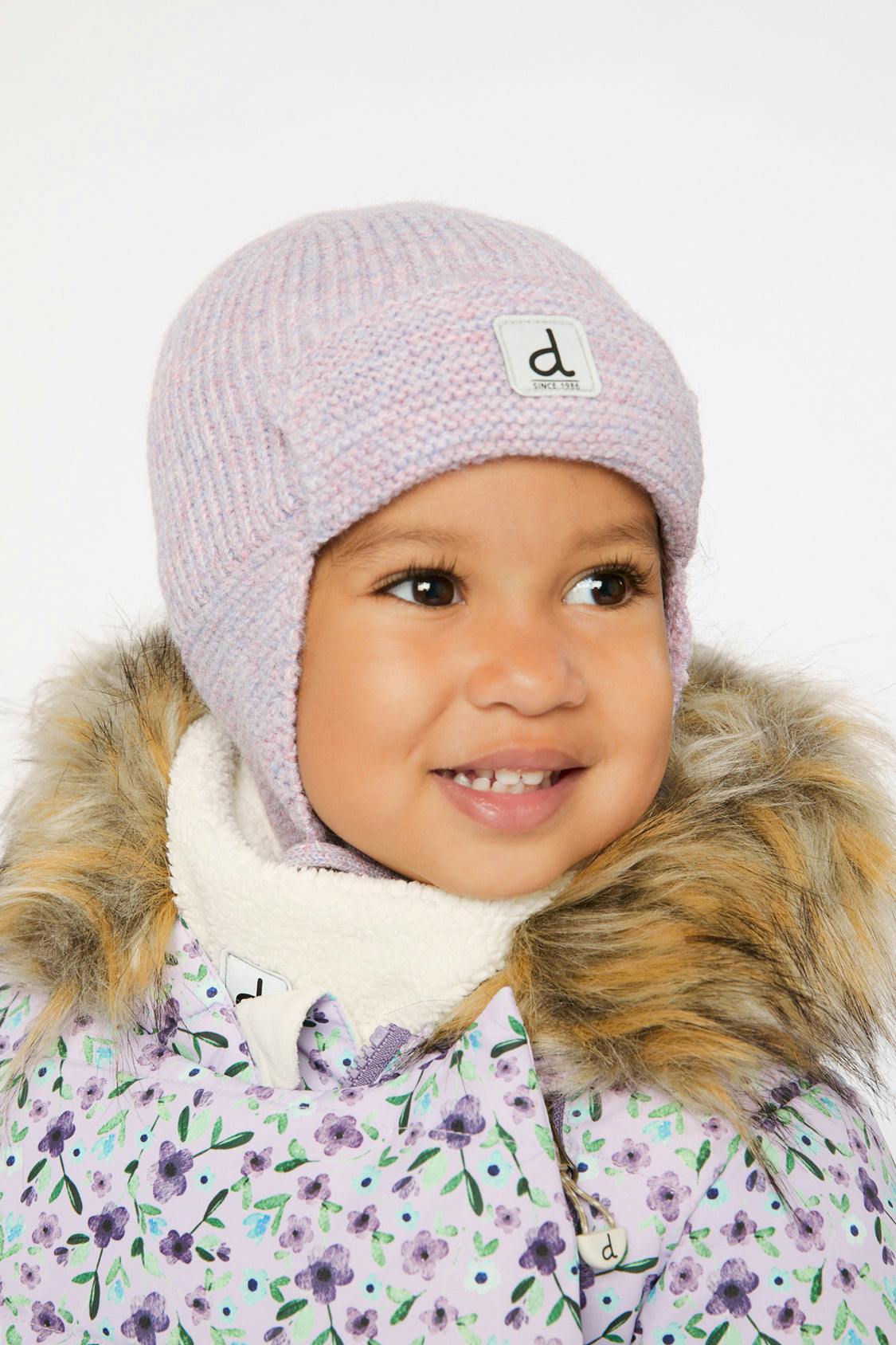 Baby Winter Knit Hat With Ear Flaps And Strings Lavender