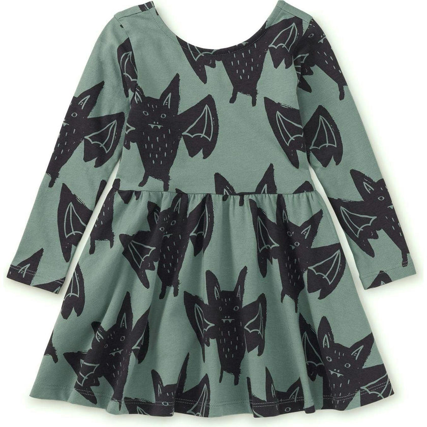 Bats Print Boat Neck Long Sleeve Ballet Skirt Dress, Multi