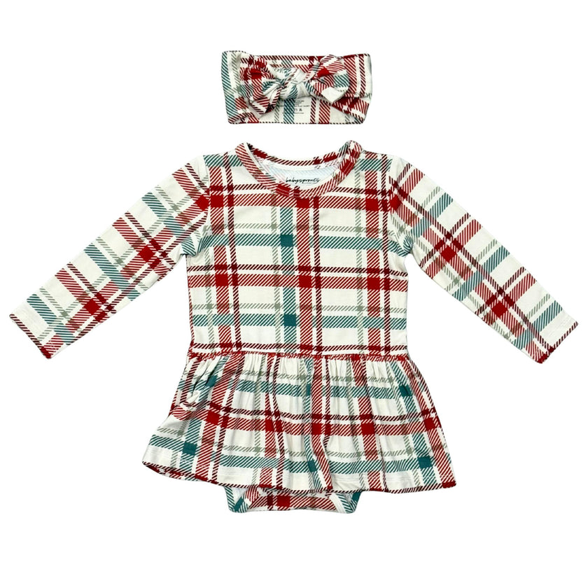 Baby Girl Long Sleeve Bodysuit Dress Set in Tartan Plaid