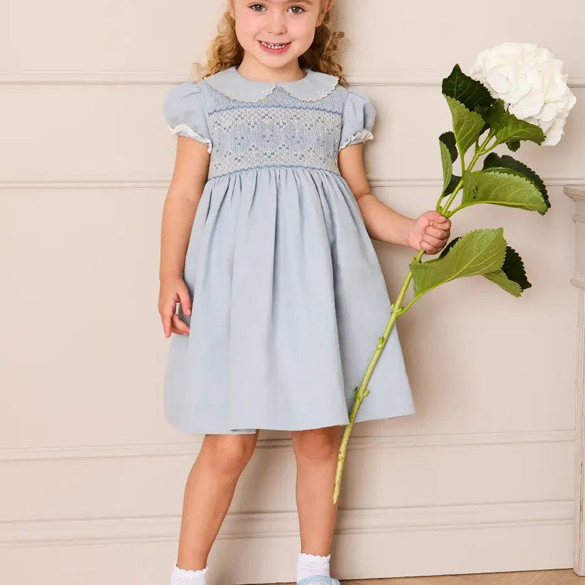 Hand Smocked Peter Pan Collar Short Sleeve Dress in Sky Blue (12mths-10yrs)