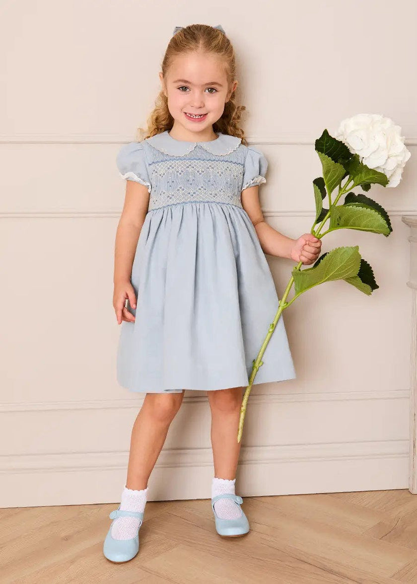 Hand Smocked Peter Pan Collar Short Sleeve Dress in Sky Blue (12mths-10yrs)