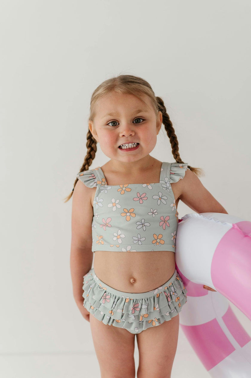 Girls Two-Piece Ruffle Swimsuit in Sketched Daisy