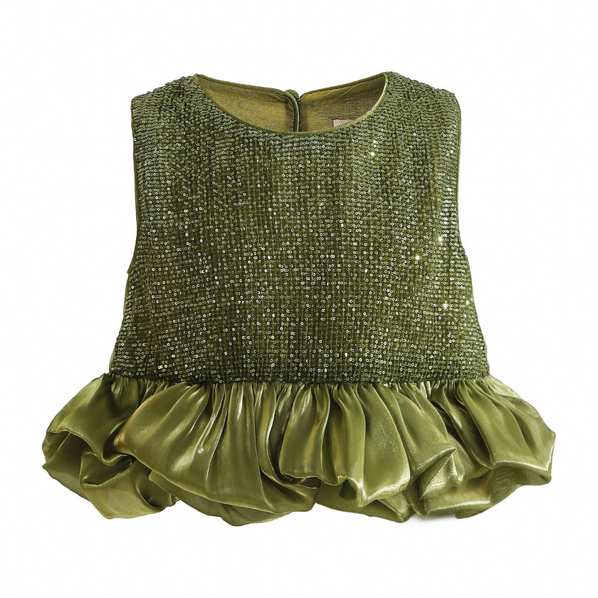 Green Evadelle Satin Ruffle Skirt Set