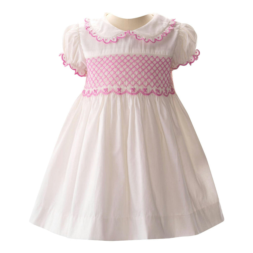 Bow Scalloped Collar Puff Sleeve Smocked Dress