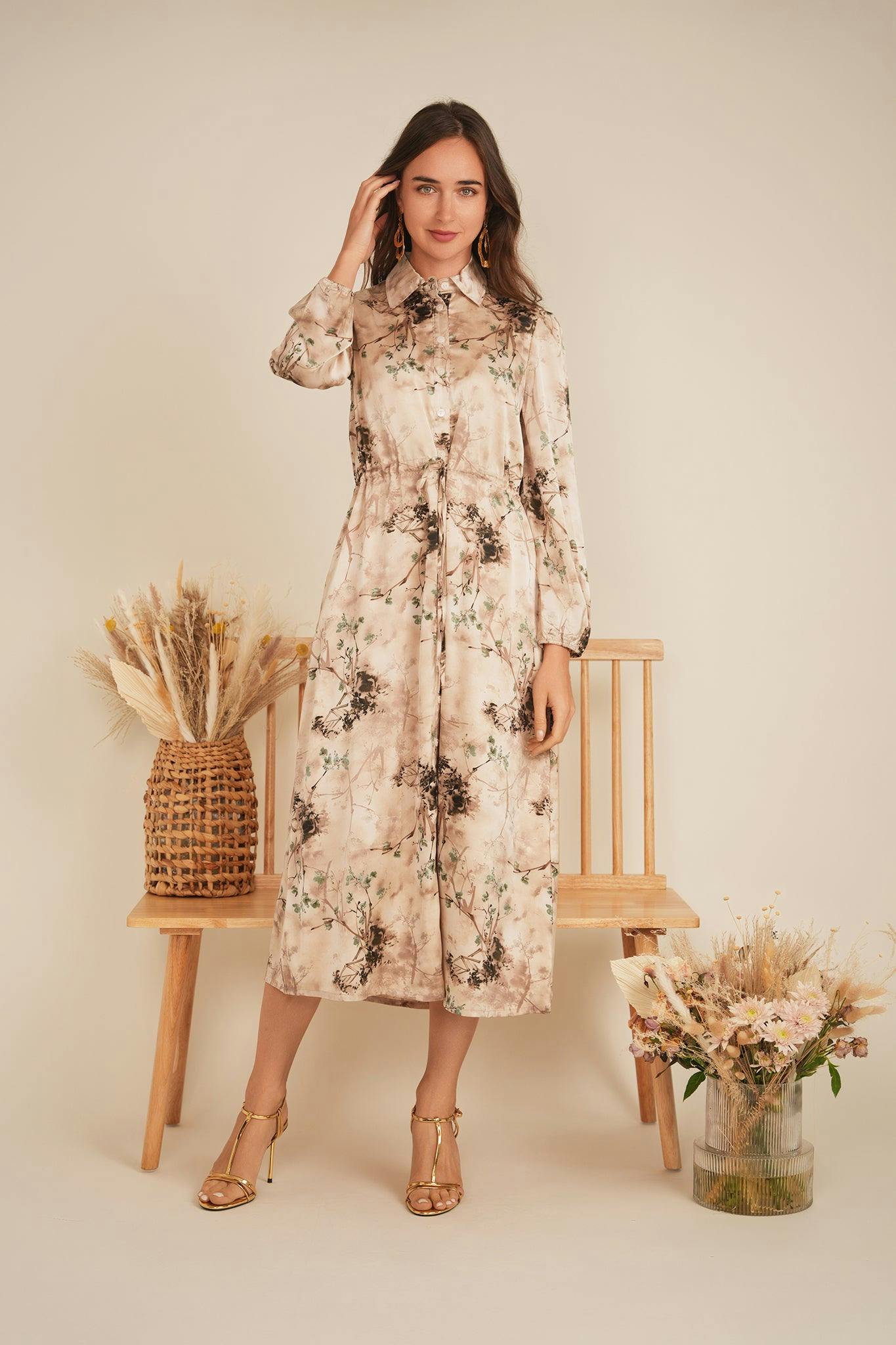 Printed Satin Belted Shirt Dress