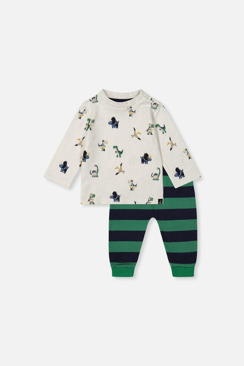 Cotton T-Shirt & Fleece Pant Set Beige Dinosaur Print