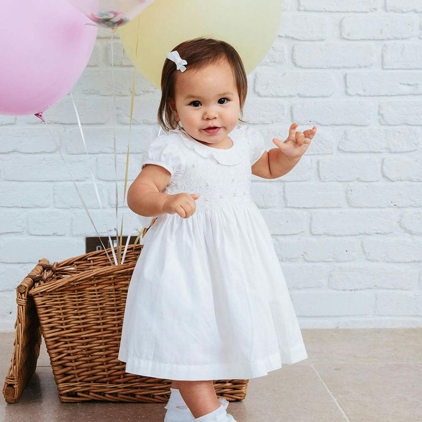 Baby Willow Rose Hand Smocked Dress in White