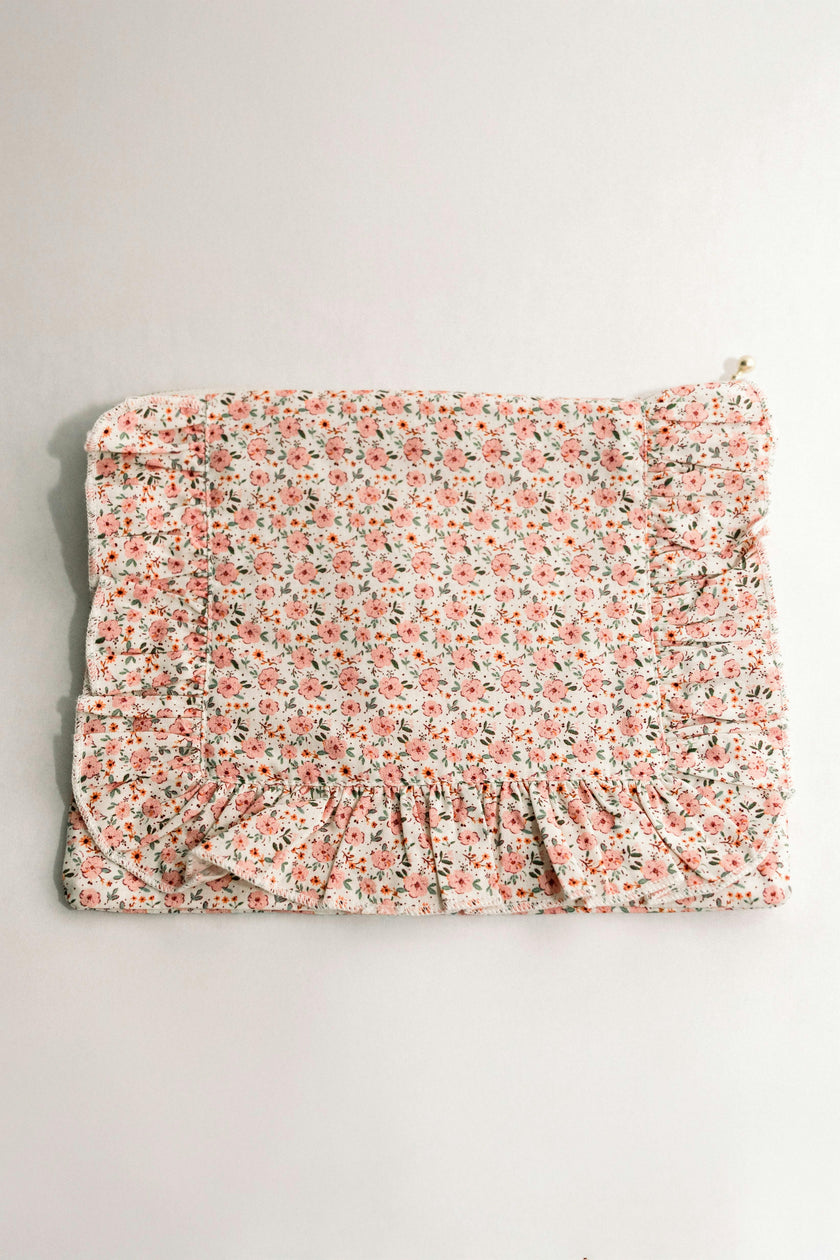 Rosebud Scatter Timeless Floral Ruffle Zipper Pouch