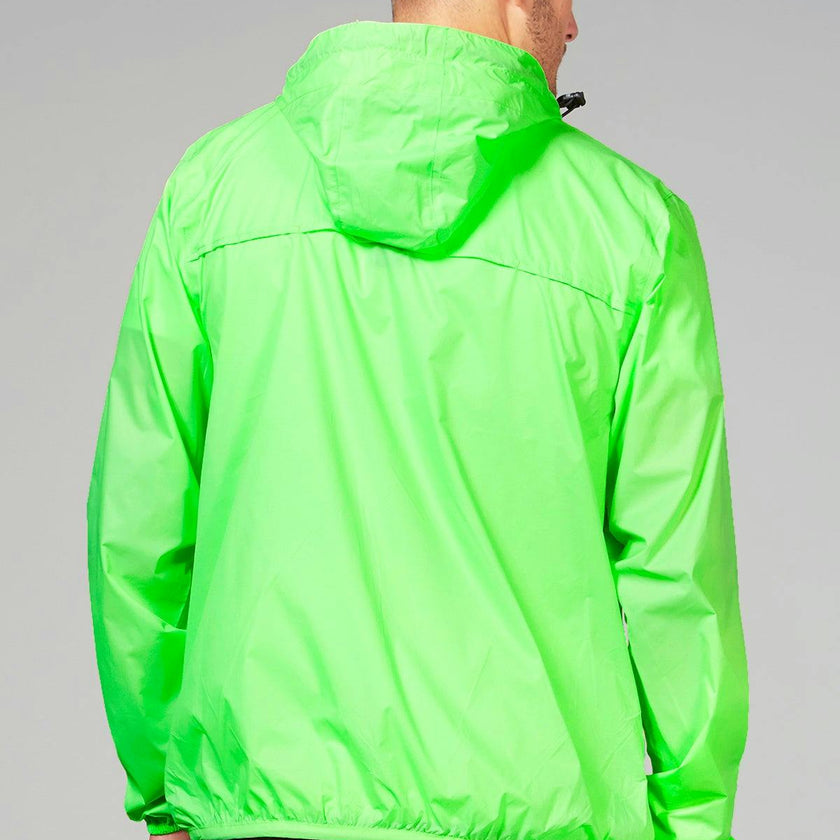 Green fluo full zip packable rain jacket and windbreaker