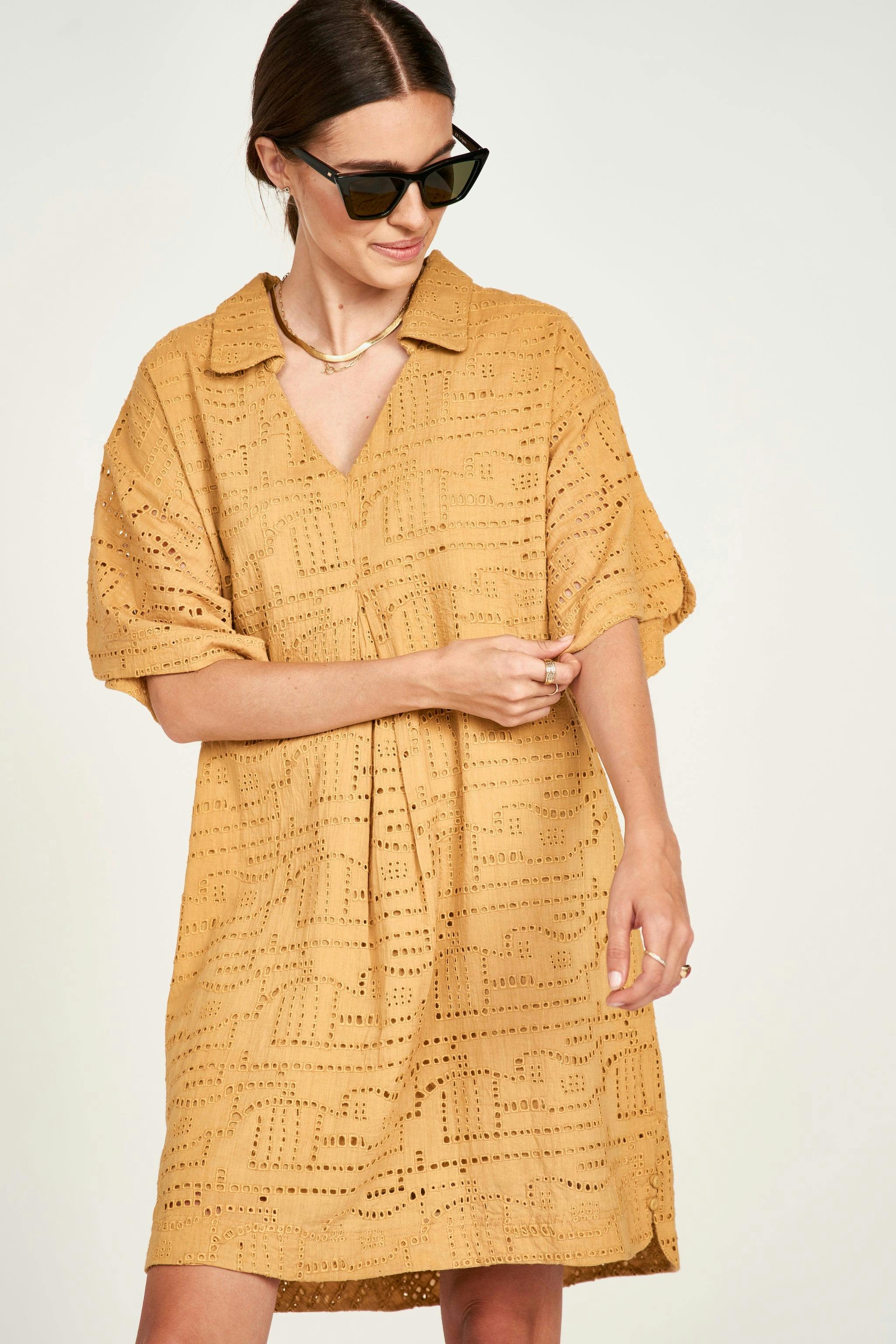 Lanai Popover Dress in Golden Eyelet