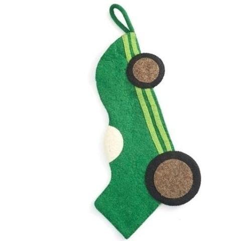 Kids Green Race Car Hand Felted Wool Christmas Stocking Arcadia Home