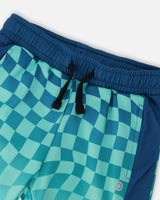 Athletic Shorts In Recycled Polyester Teal Printed Checkerboard