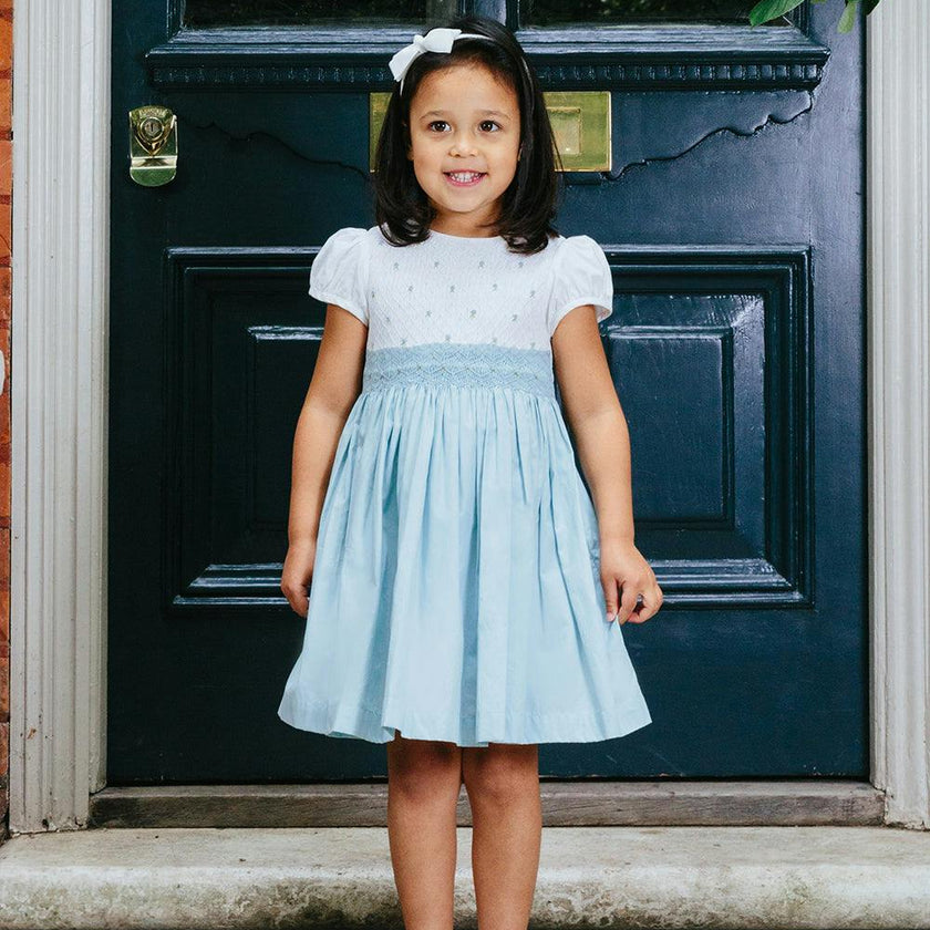 Rose Hand Smocked Dress in Sea Blue