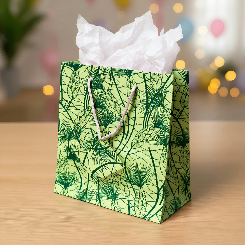 Set of Six Recycled Cotton Gift Bags Tag Green Beach Grass Design