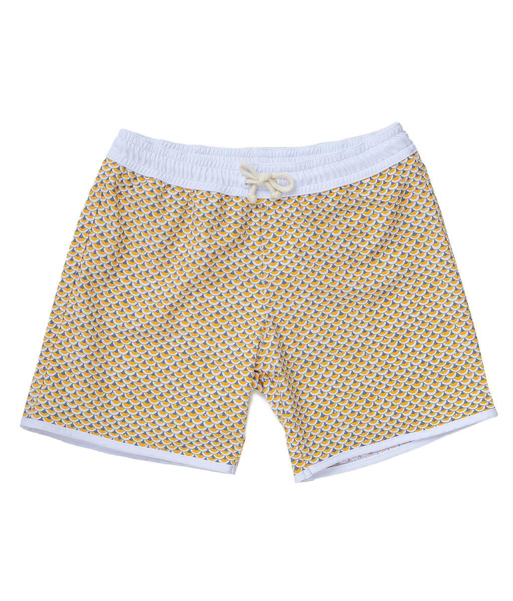 Men's Swim short Tommaso - Scales print mango yellow and pebble