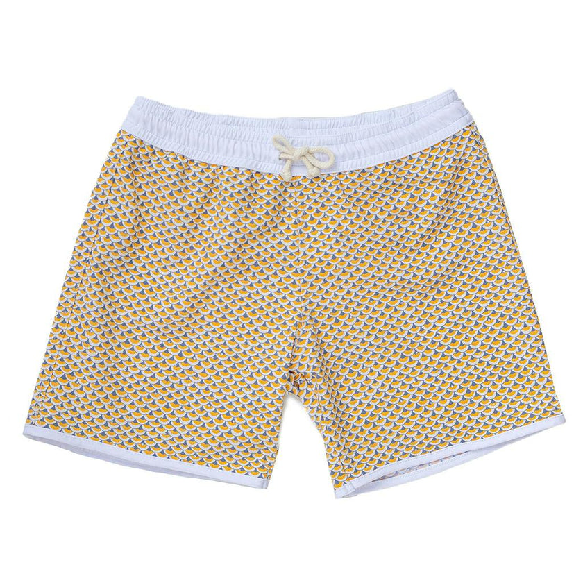 Men's Swim short Tommaso - Scales print mango yellow and pebble