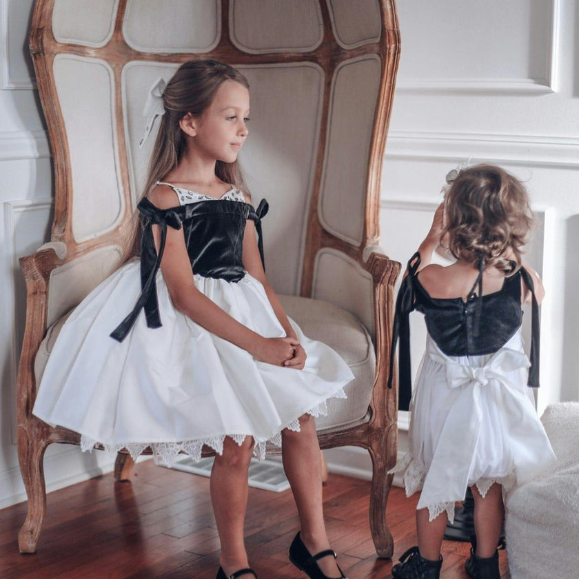 Audrey Black Velour Top and White Sateen Dress