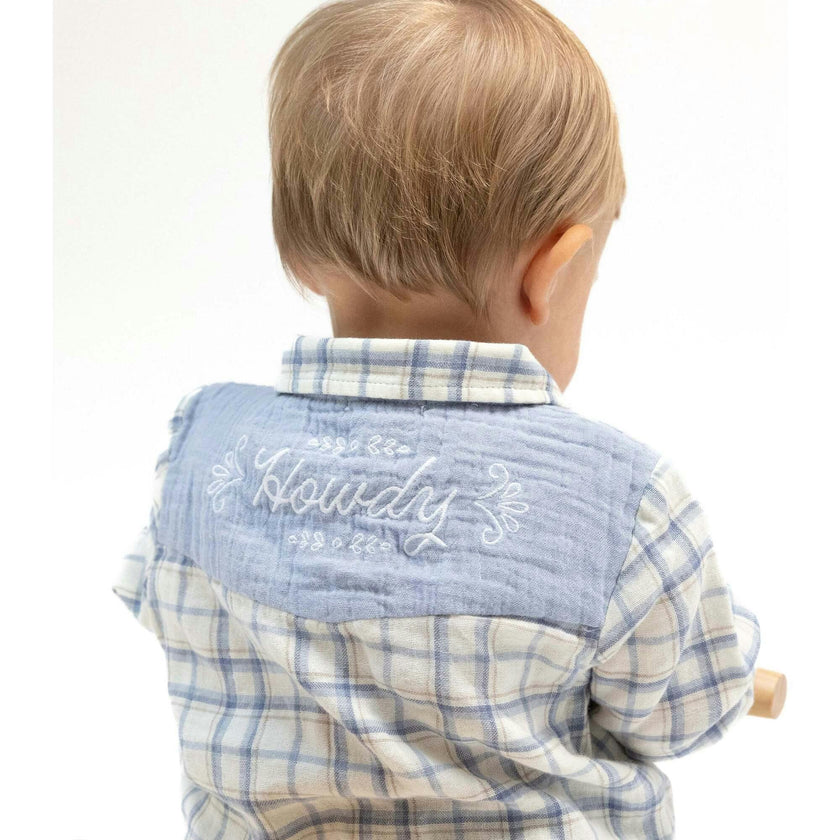 Blue Plaid - Long Sleeve Western Pearl Snap Shirt