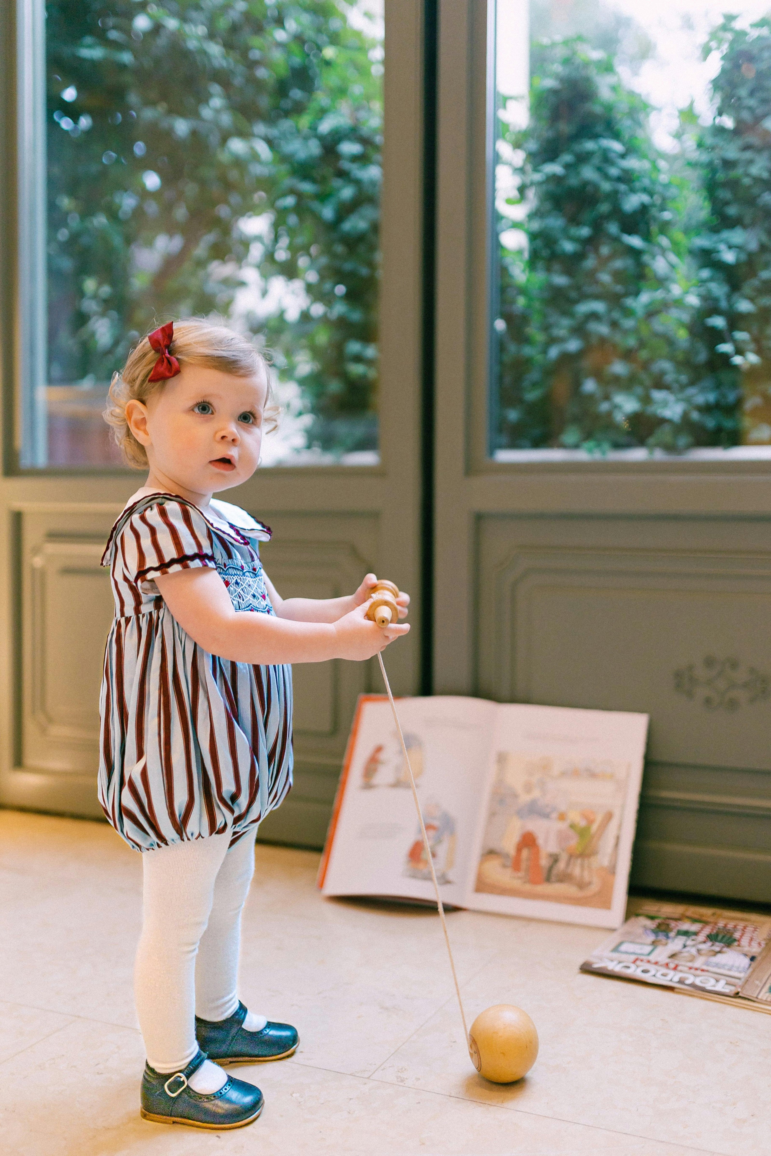 MARINE STRIPE BLUE BURGUNDY SMOCKED ROMPER