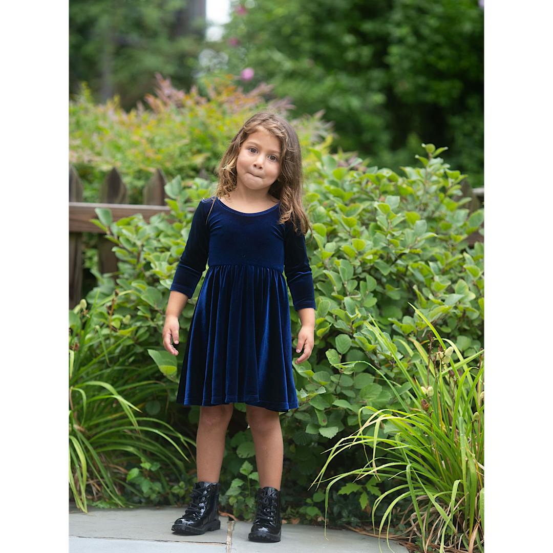 Twirly Dress in Navy Stretch Velvet FW25