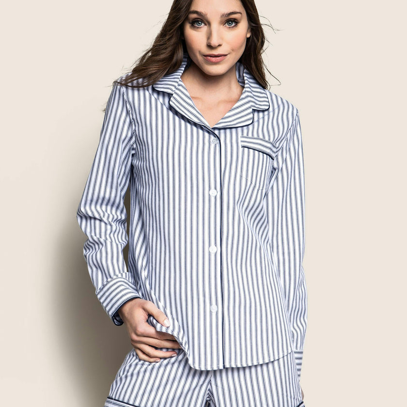 Women's Twill Pajama Long Sleeve Short Set in Navy French Ticking