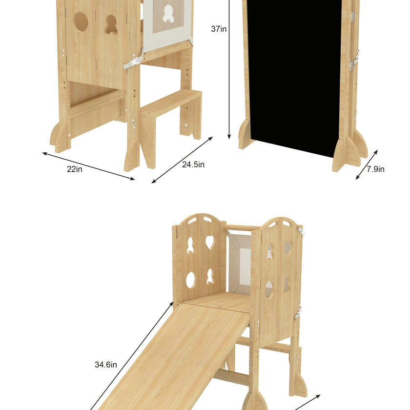 Laurel 4-in-1 Foldable Kitchen Tower, Step Stool, Slide & Chalkboard for Toddlers