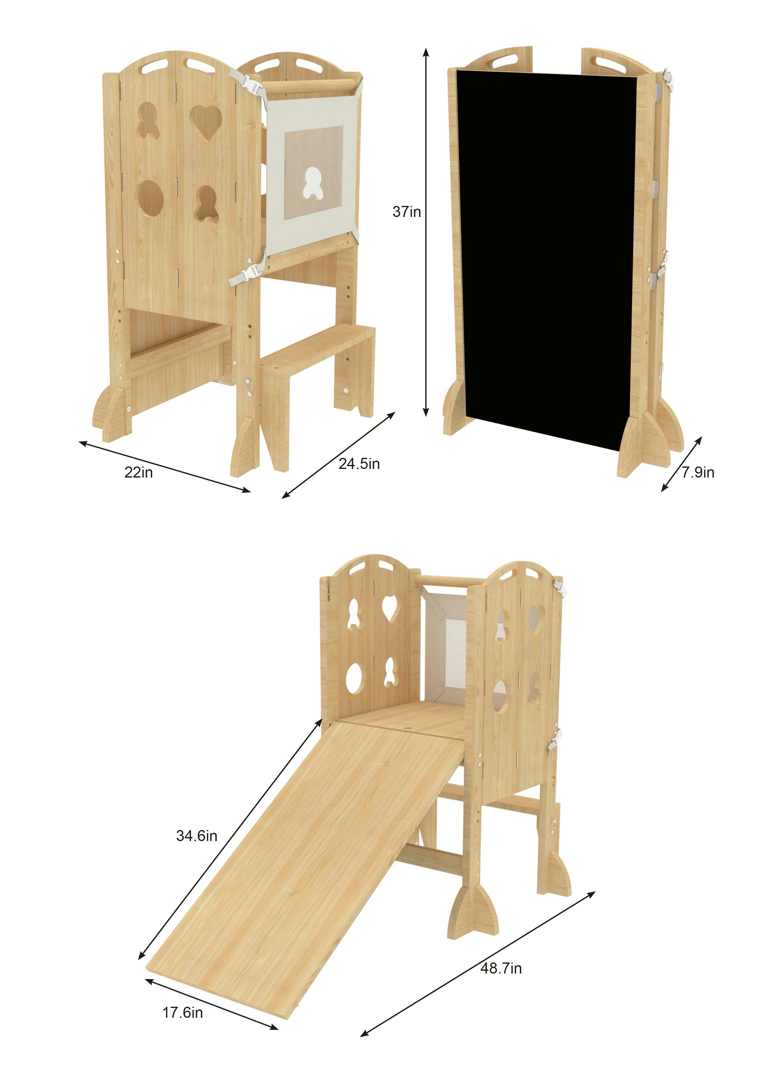 Laurel 4-in-1 Foldable Kitchen Tower, Step Stool, Slide & Chalkboard for Toddlers