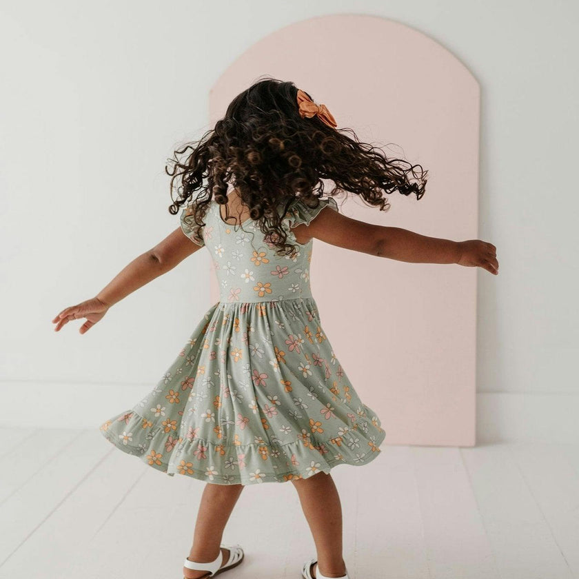 Girls Sleeveless Twirl Dress in Sketched Daisy