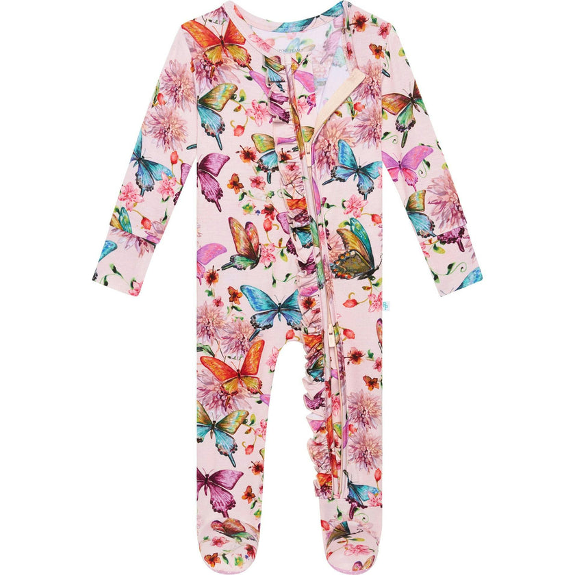 Watercolor Butterfly Footie Ruffled Zippered One Piece