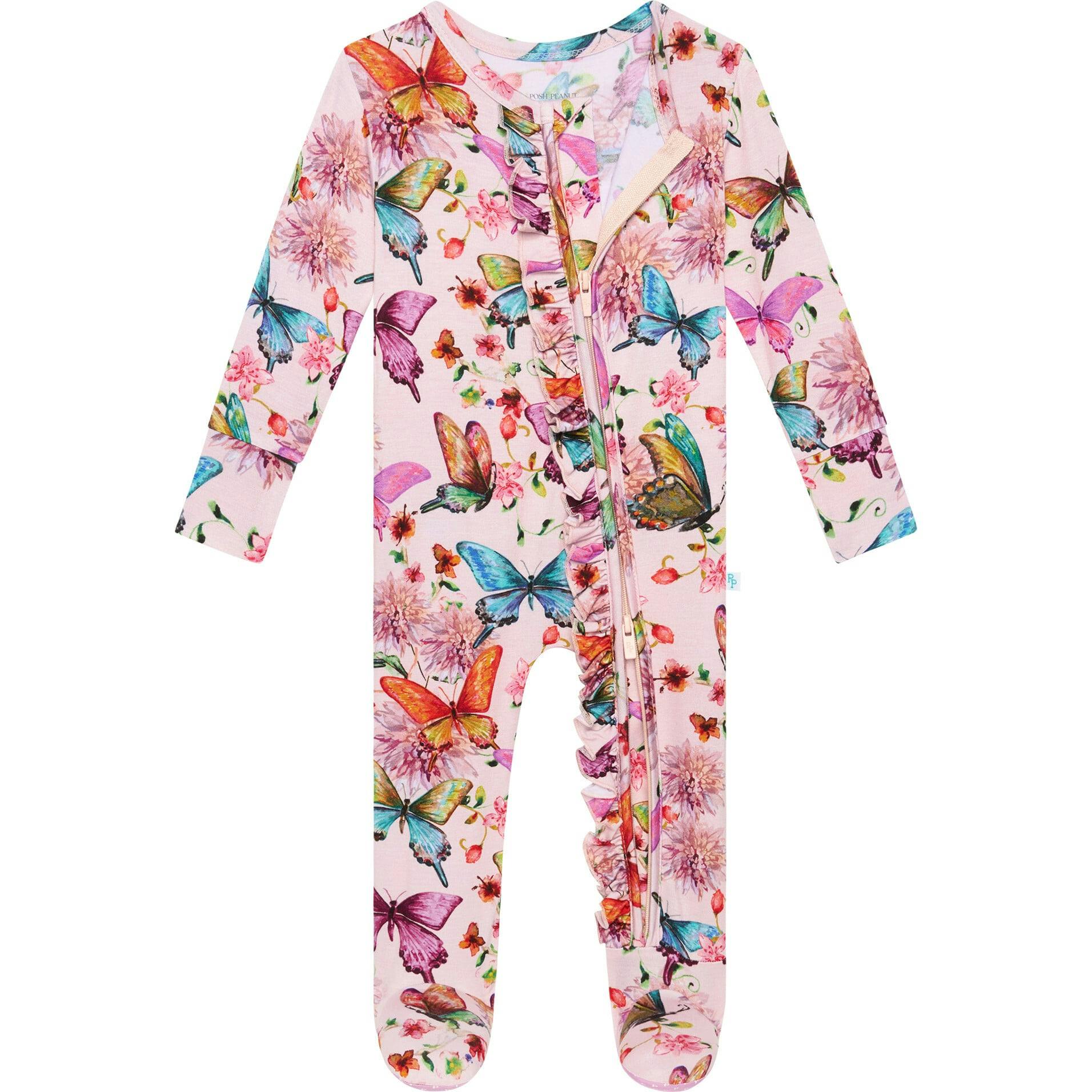 Watercolor Butterfly Footie Ruffled Zippered One Piece