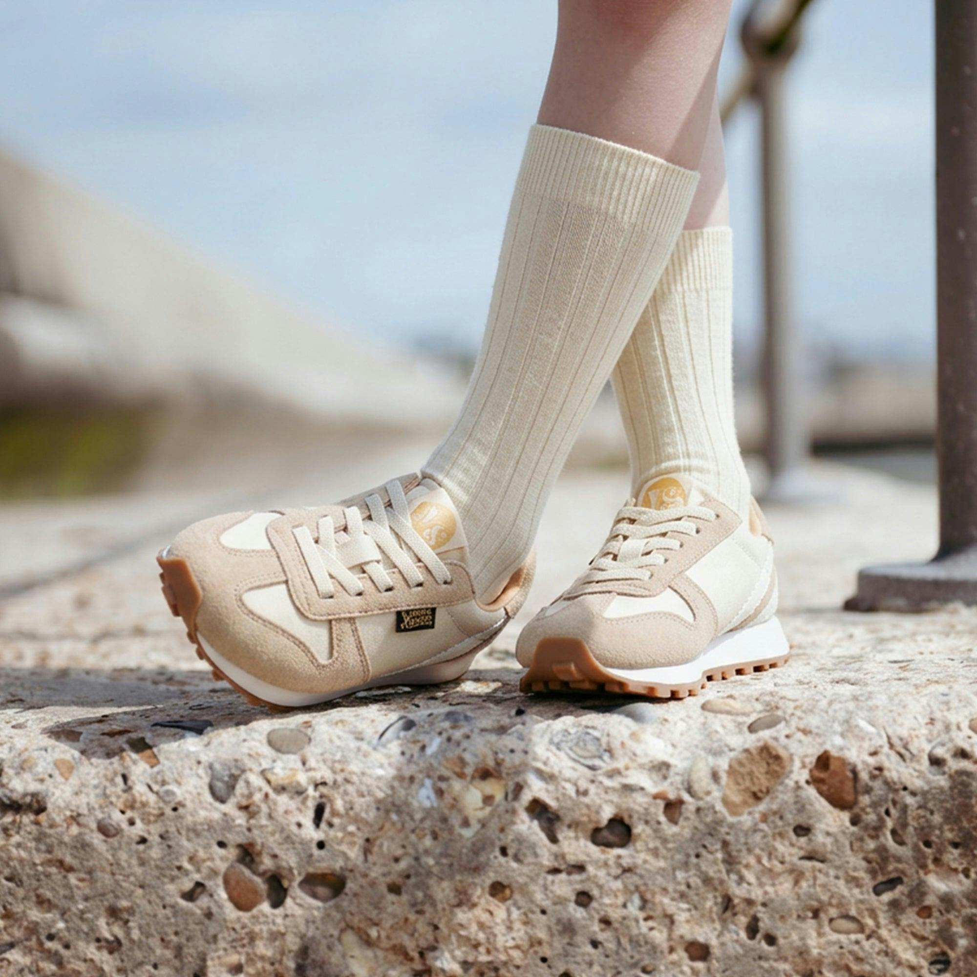 Keegan Kids Retro Runner Trainer - Ecru Textile & Suede