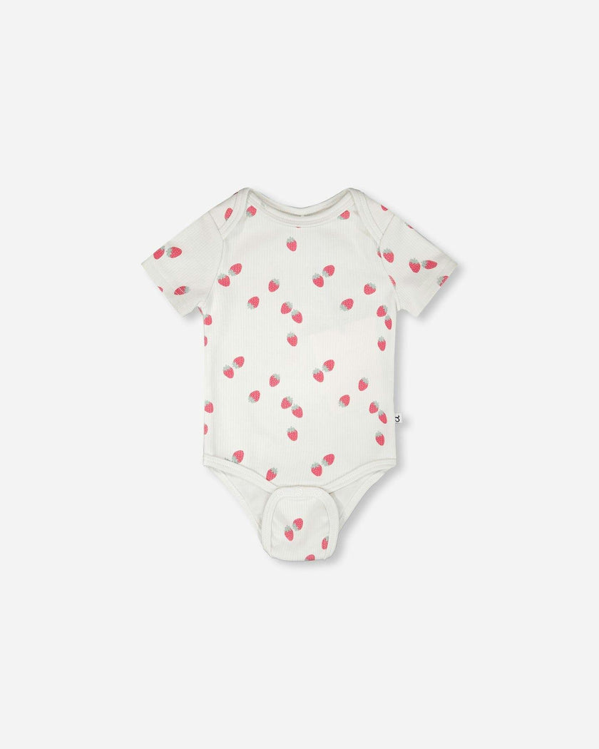 Evolutive Cotton Rib Jersey Onesie White Printed Strawberries