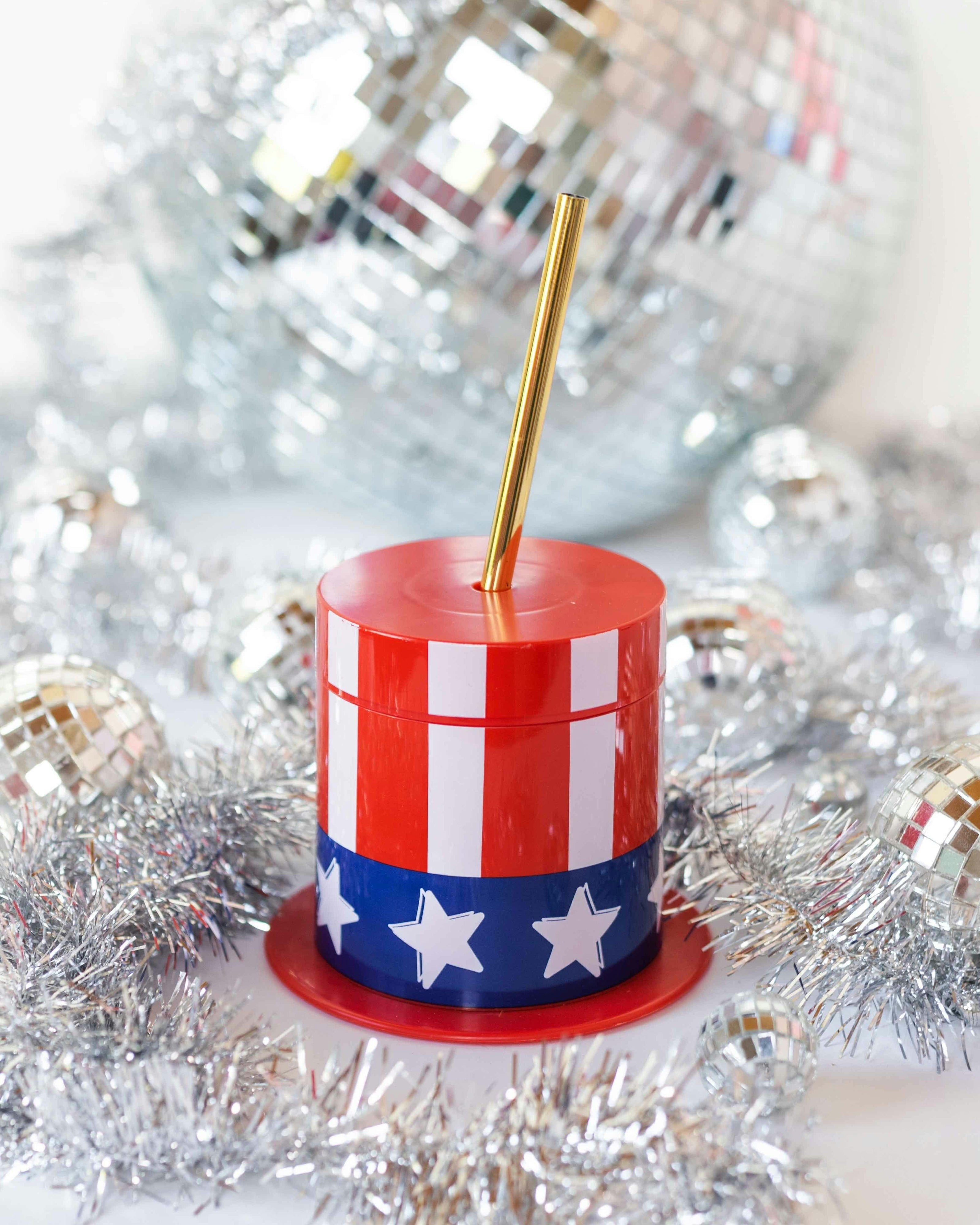 Packed Party Hats Off to the USA Patriotic Uncle Sam Top Hat Sippers - 14 oz Novelty 4th of July Cups with Gold Plastic Straws and Leak-Proof Lids