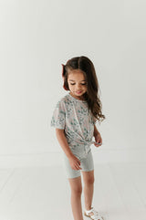 Girls Tie Front Shirt in Aqua Grey Floral