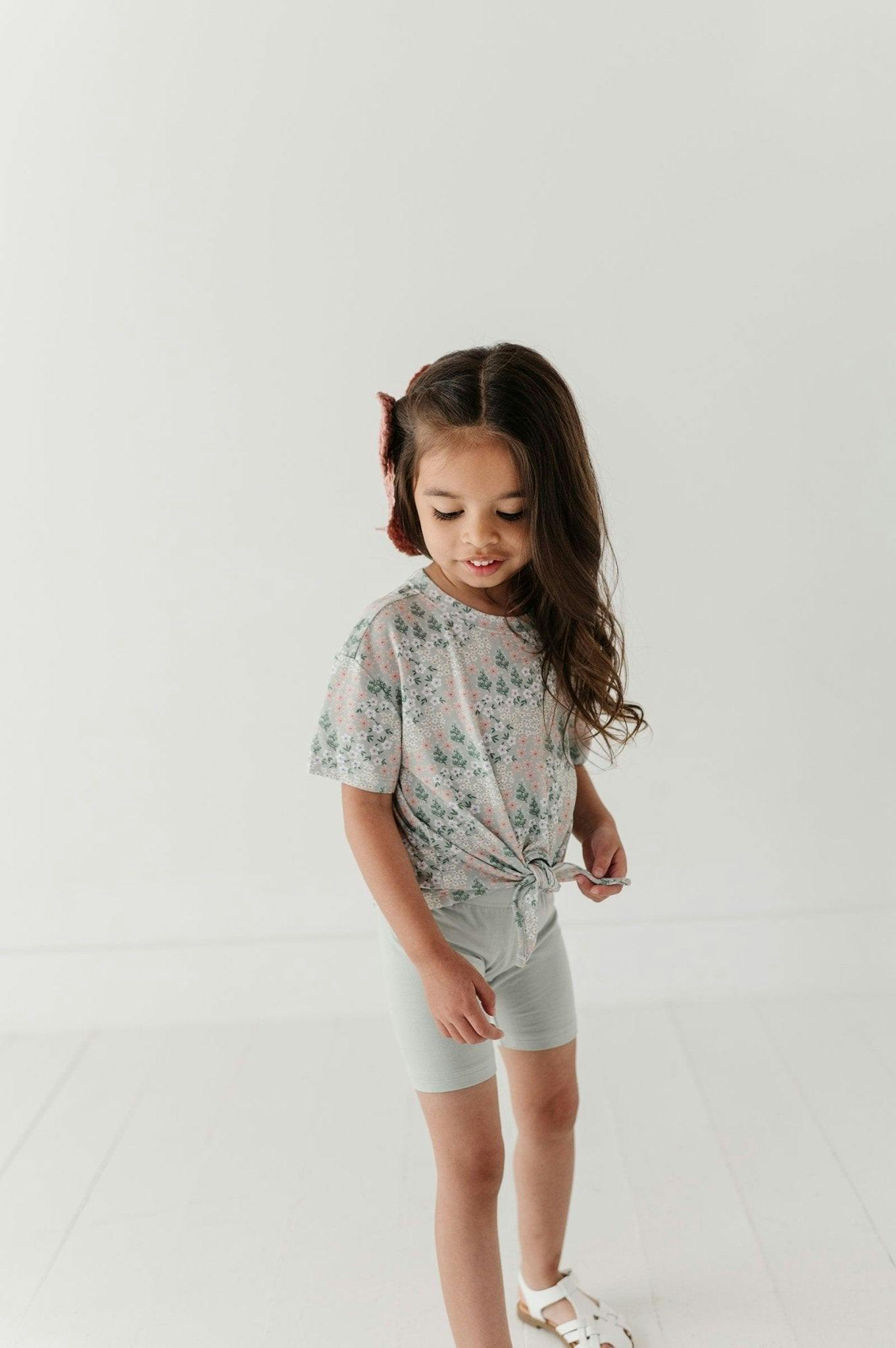Girls Tie Front Shirt in Aqua Grey Floral