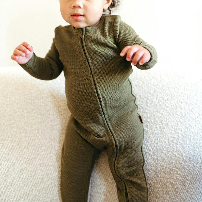 Olive Waffle Zipper Footed Romper