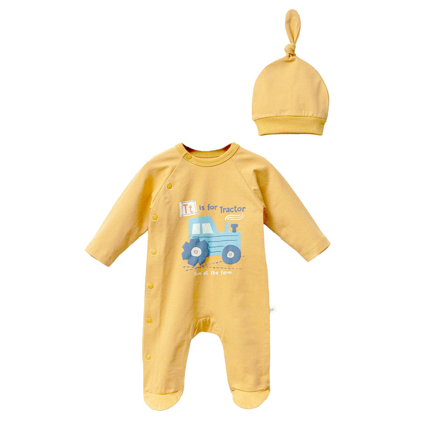 Yellow Tractor Graphic Babygrow & Hat