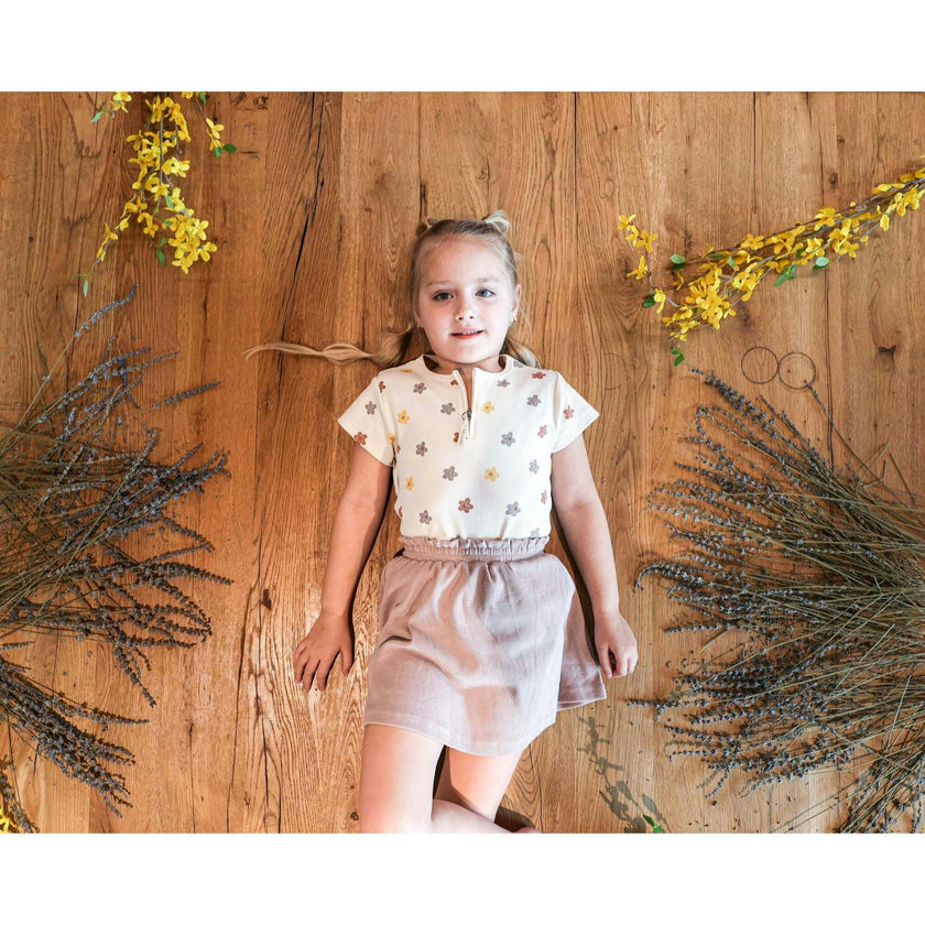 Floral Ribbed Girls Short Sleeve Top