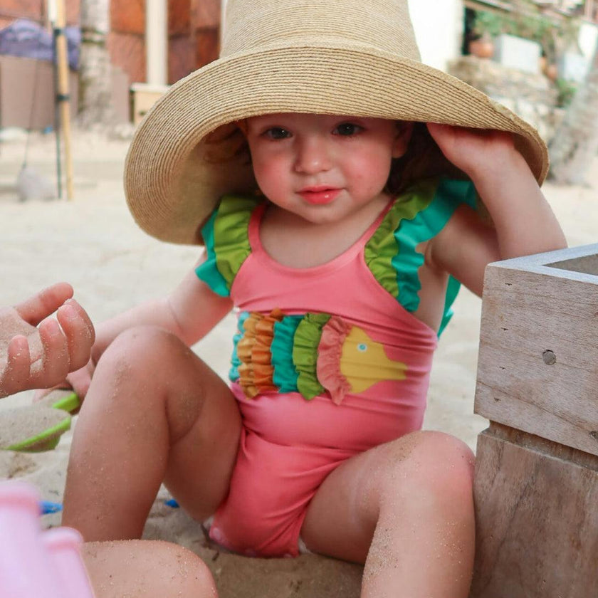 The Coral Reef Ruffle - Little Girls Pink Fish One Piece